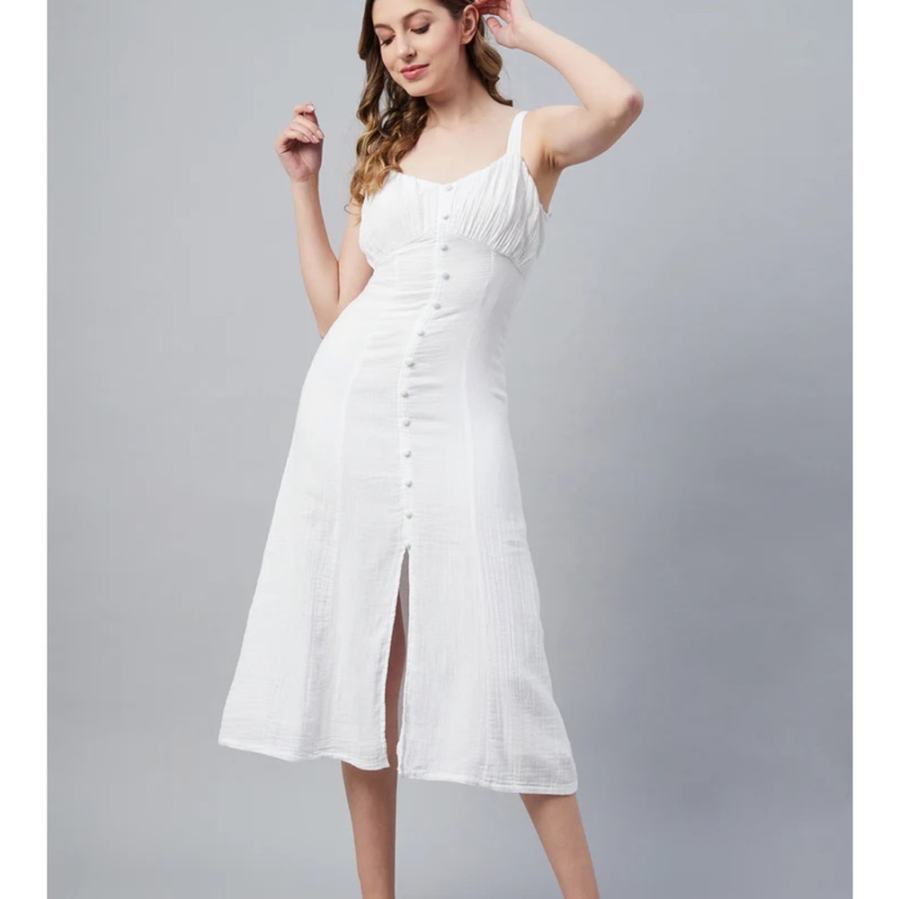 Sleeveless White Button-Front Midi Dress with Front Slit